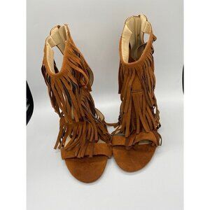 Wild Diva Faux Suede Open Toe Fringe Stilettos, 7.5